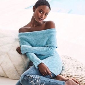 WHBM Chenille Off The Shoulder Cowl Neck Sweater Turquoise Blue XS